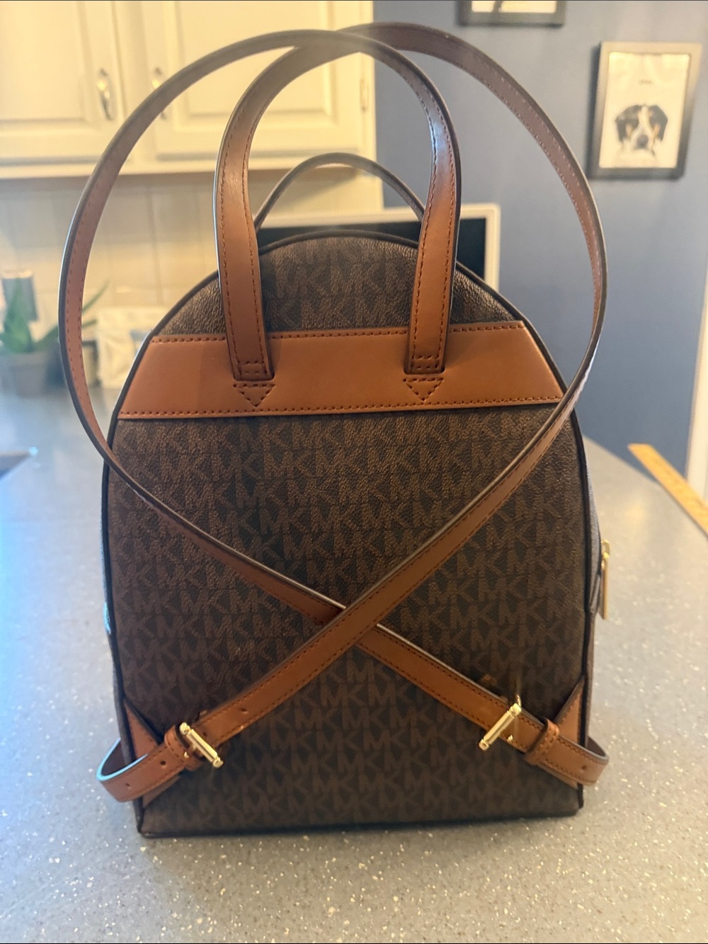 Michael Kors Brown Monogram Canvas Backpack with Gold Hardware - Picture 2 of 3